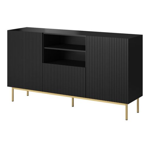 czarna komoda malia 150 cm z frezowanym frontem, szuflada, 2 drzwi, mat, stelaż stalowy złoty High glossy furniture